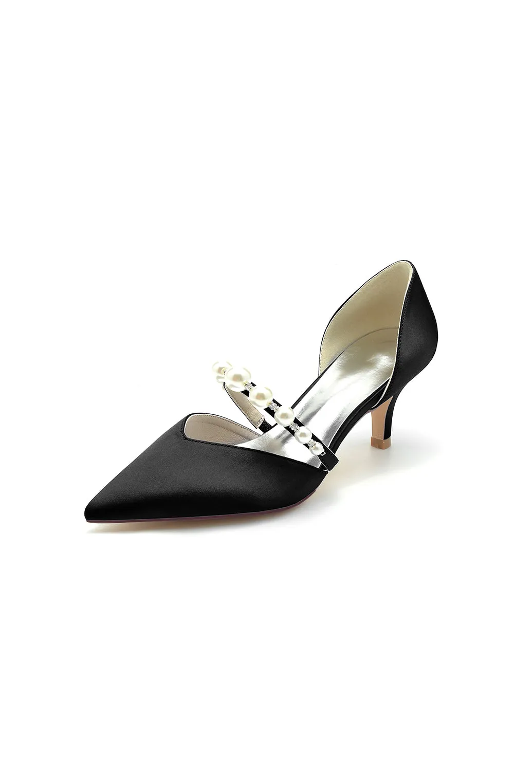 Elegant Satin Pointed Toe Heels with Pearl Strap