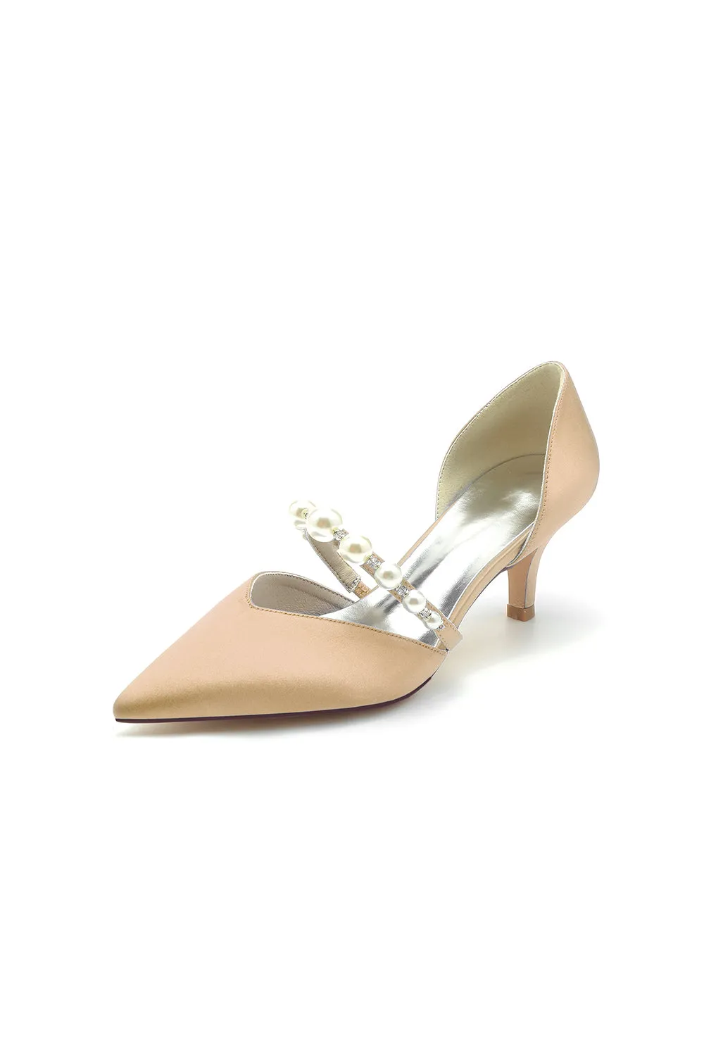 Elegant Satin Pointed Toe Heels with Pearl Strap