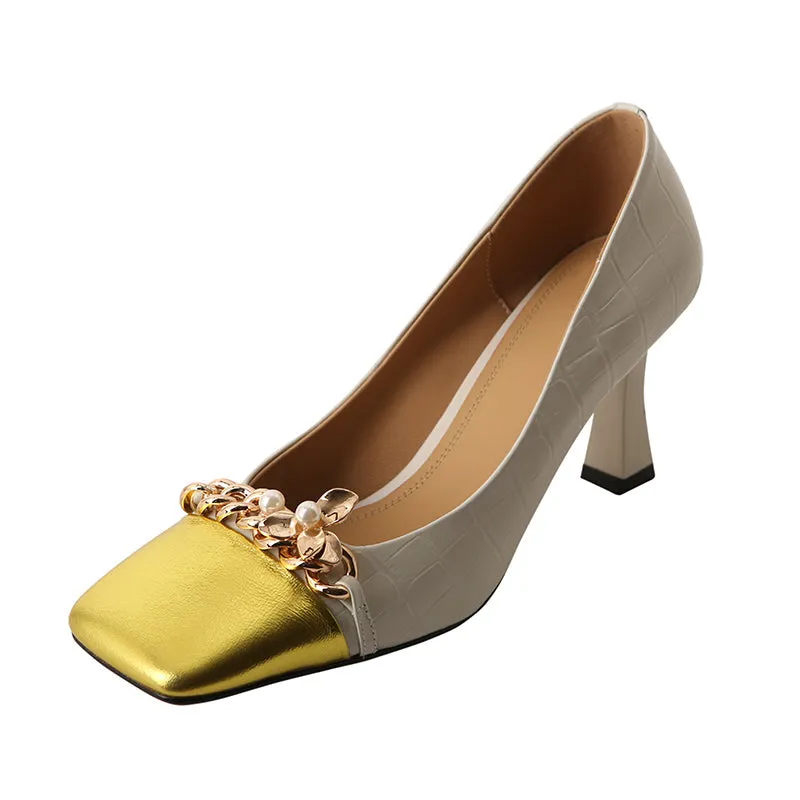 Emi White Square Toe Heels with Gold Chain