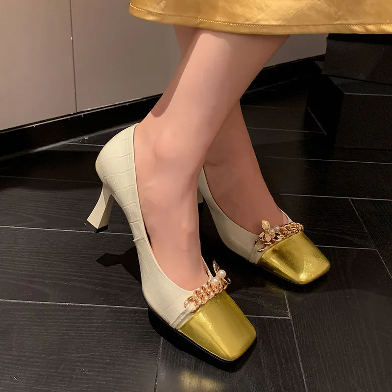 Emi White Square Toe Heels with Gold Chain