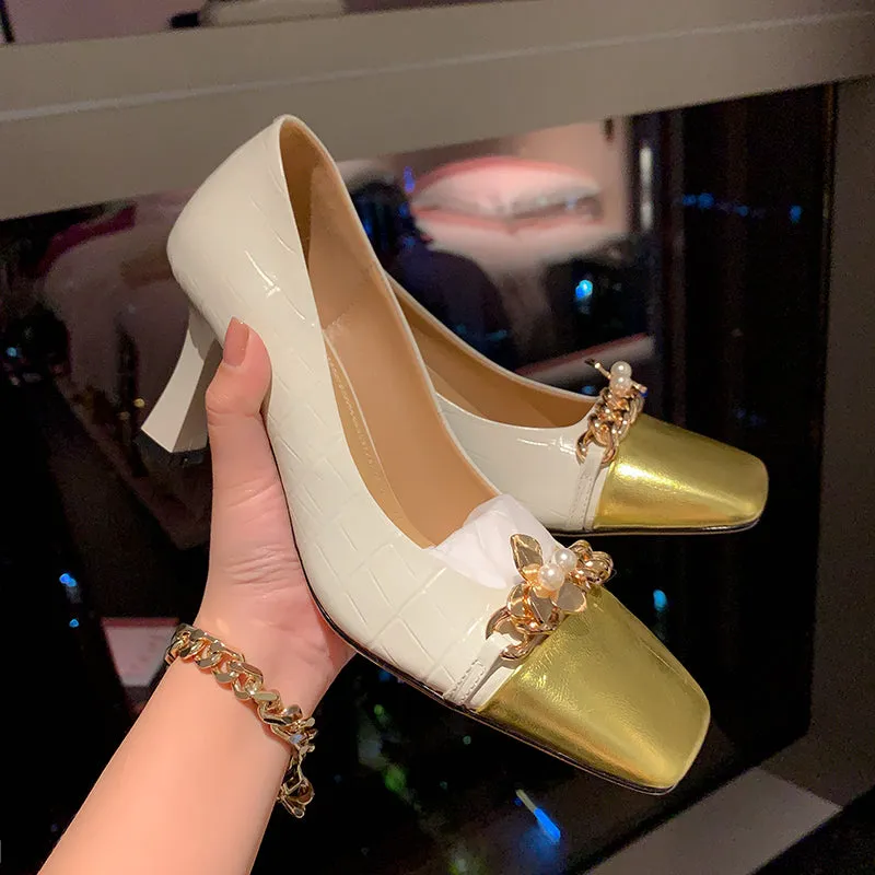 Emi White Square Toe Heels with Gold Chain