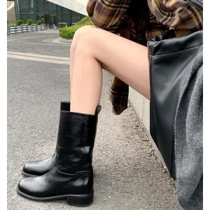 Fashionkova frat outfits Sheepskin British Style Leather Mid-Calf Martin Boots Women's Chubby Girl Wide Western Cowboy Boots Short Knight Boots