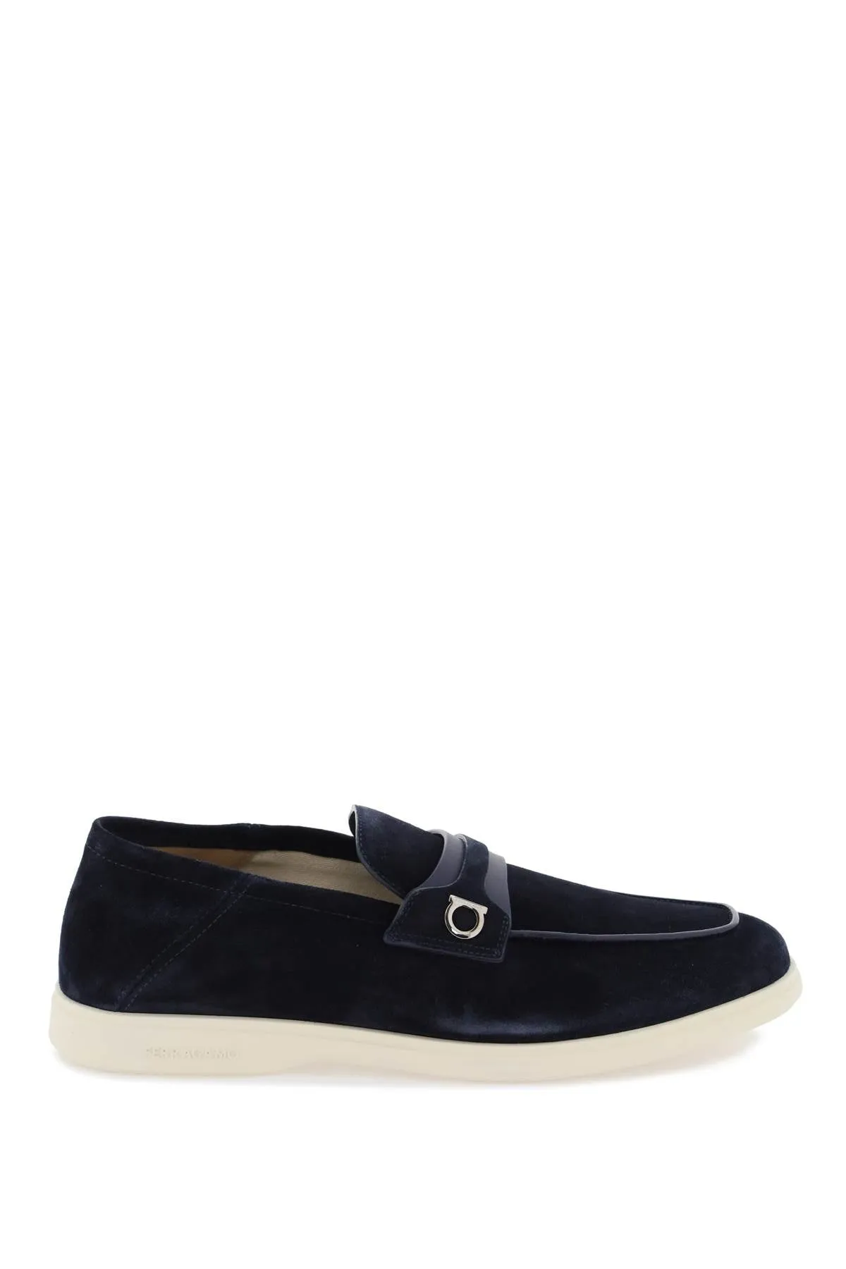 Ferragamo Blue Suede Moccasins with Gancini Hook Detail for Men