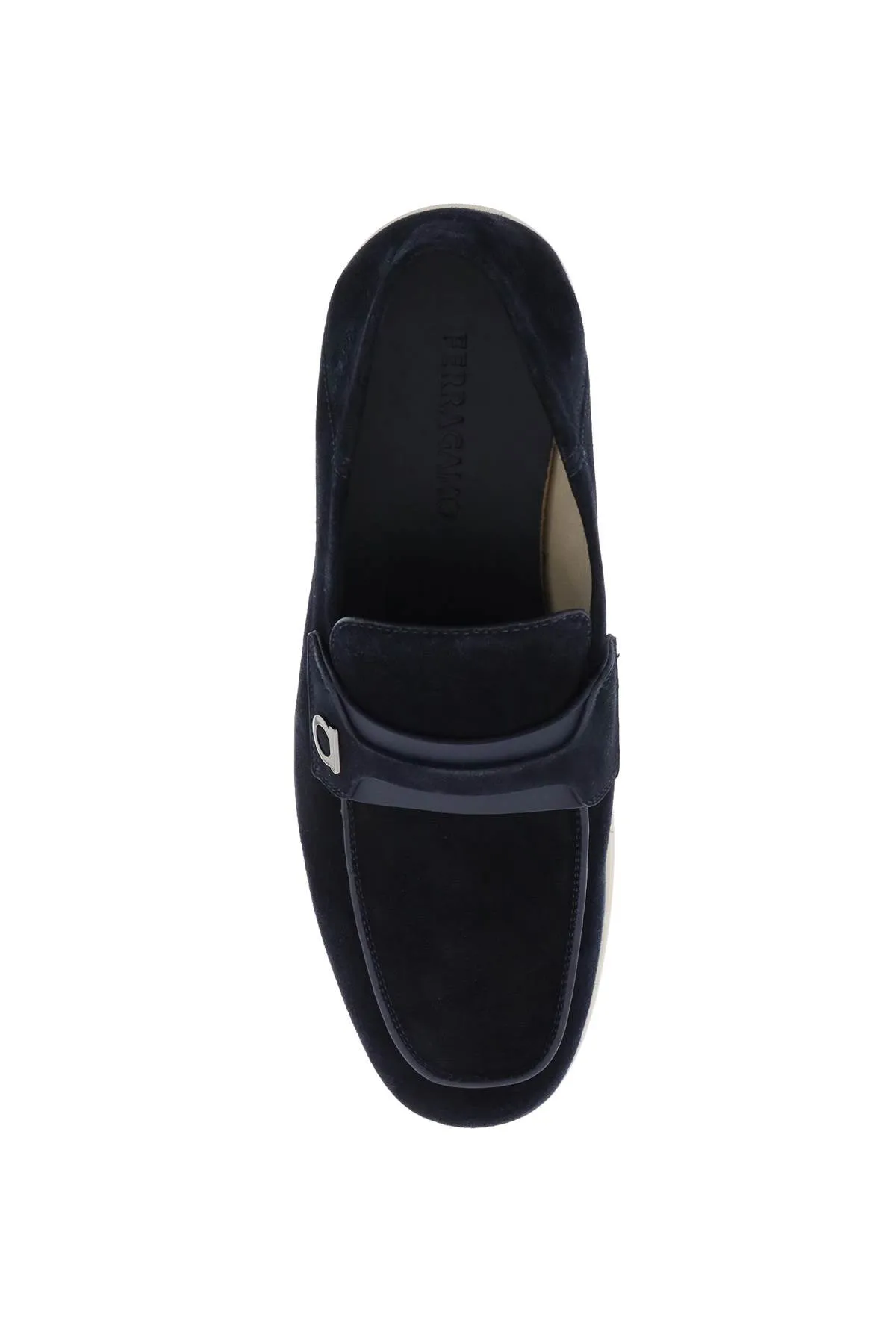 Ferragamo Blue Suede Moccasins with Gancini Hook Detail for Men