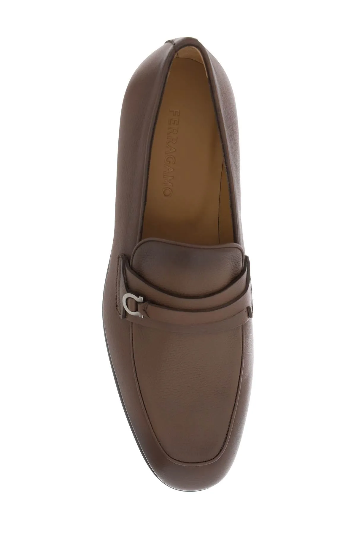 Ferragamo Gancini Hook Moccasins for Men - Grained Leather, Ruthenium-Finished Metal Detail, EEE Width (Brown)