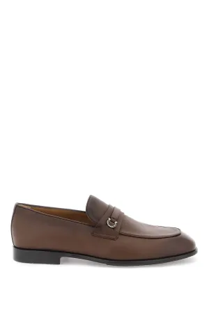 Ferragamo Gancini Hook Moccasins for Men - Grained Leather, Ruthenium-Finished Metal Detail, EEE Width (Brown)