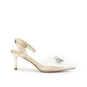 Glamorous Gold Transparent Kitten Heel Sandals | 426N-X