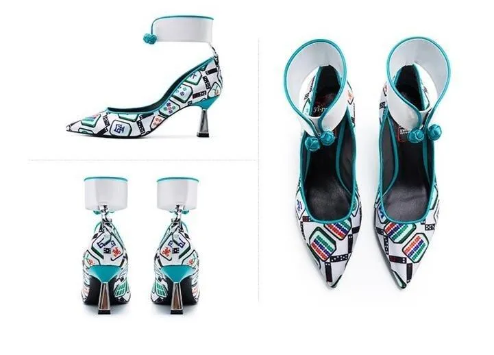 Goldfish mahjong printed kitten heel satin ankle strap high heels pumps - Teidi