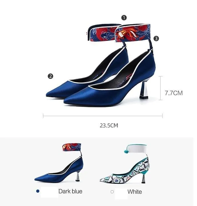 Goldfish mahjong printed kitten heel satin ankle strap high heels pumps - Teidi