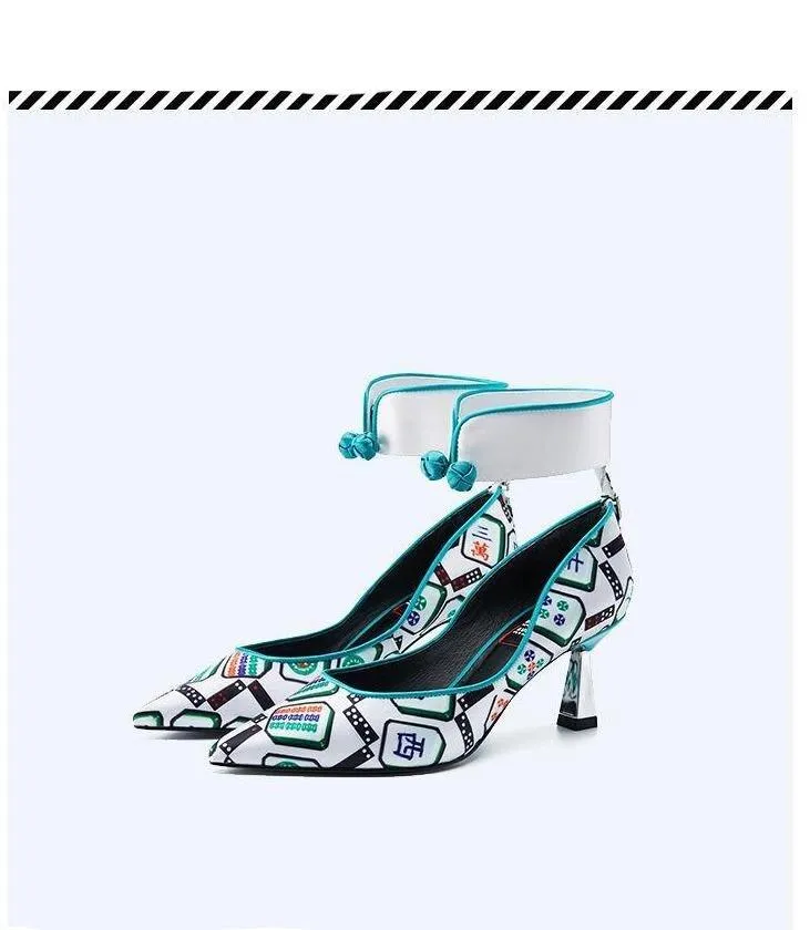 Goldfish mahjong printed kitten heel satin ankle strap high heels pumps - Teidi