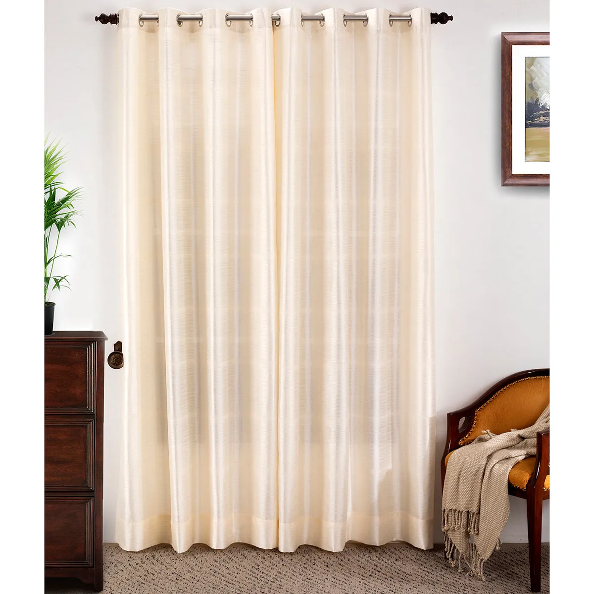 Graduated Stripe Solid 2PC Beige Curtain Set