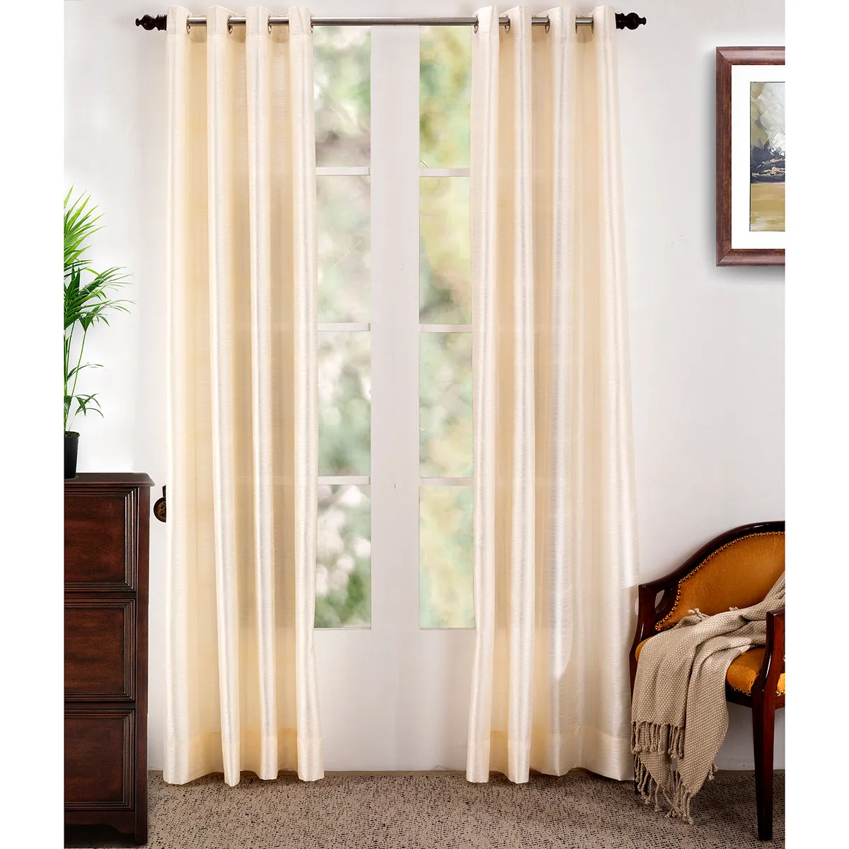 Graduated Stripe Solid 2PC Beige Curtain Set