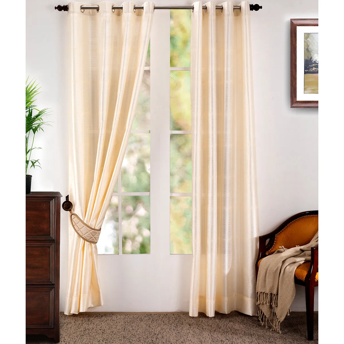 Graduated Stripe Solid 2PC Beige Curtain Set