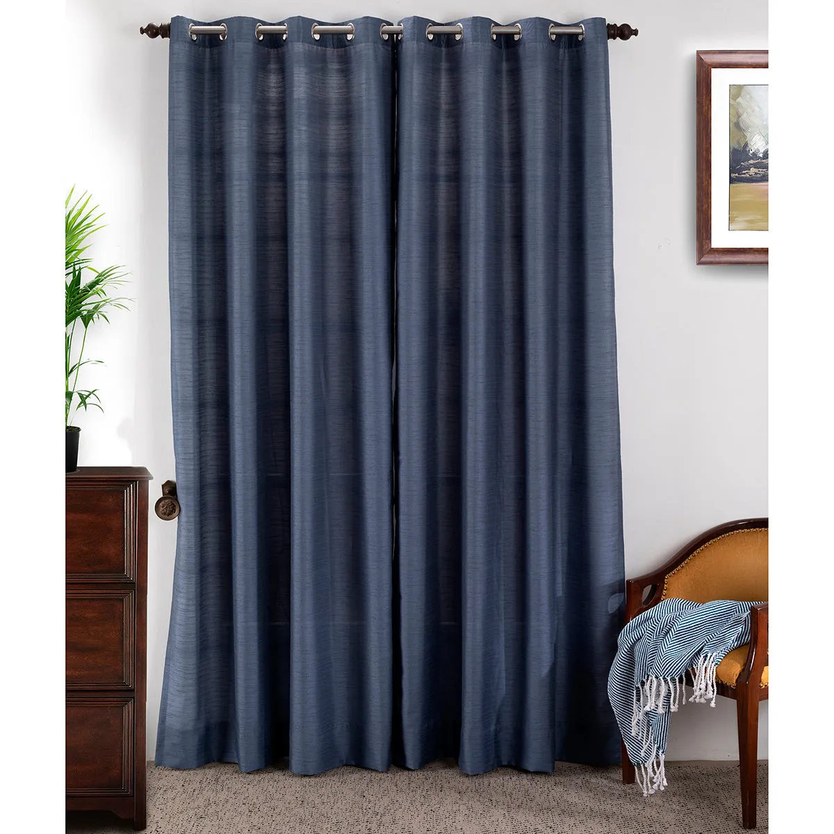 Graduated Stripe Solid 2PC Blue Curtain Set