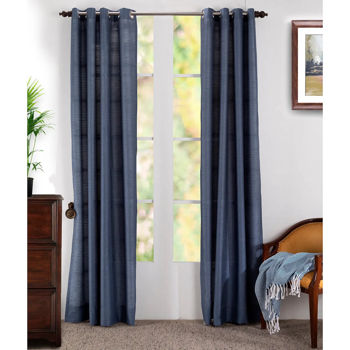 Graduated Stripe Solid 2PC Blue Curtain Set