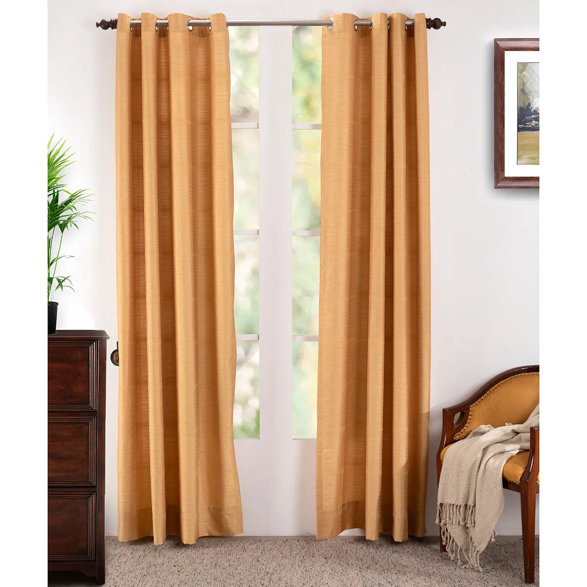 Graduated Stripe Solid 2PC Gold Curtain Set