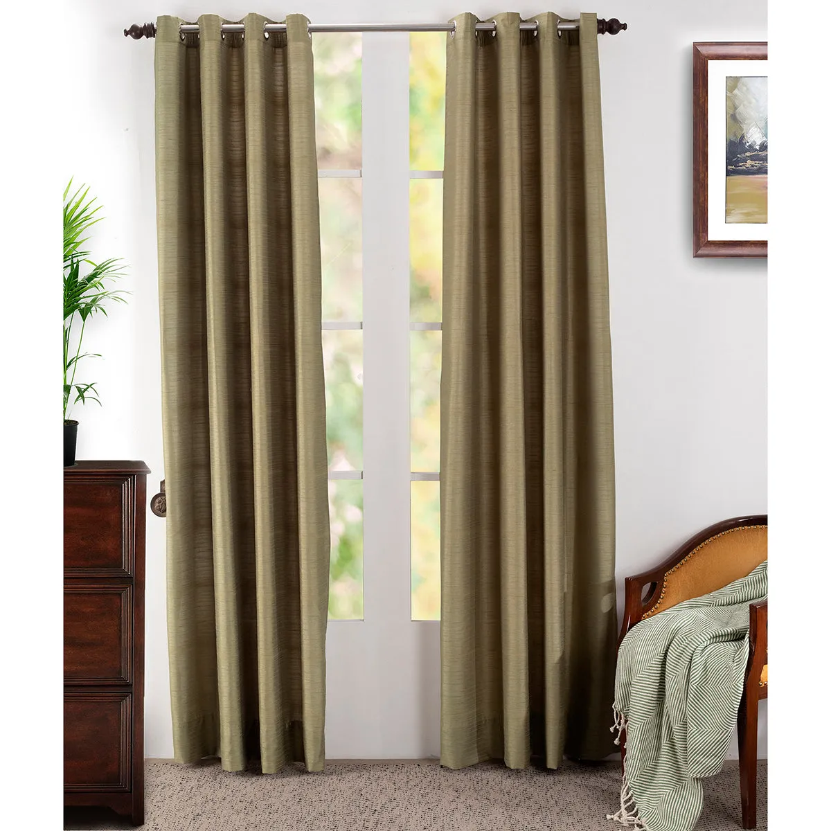 Graduated Stripe Solid 2PC Green Curtain Set