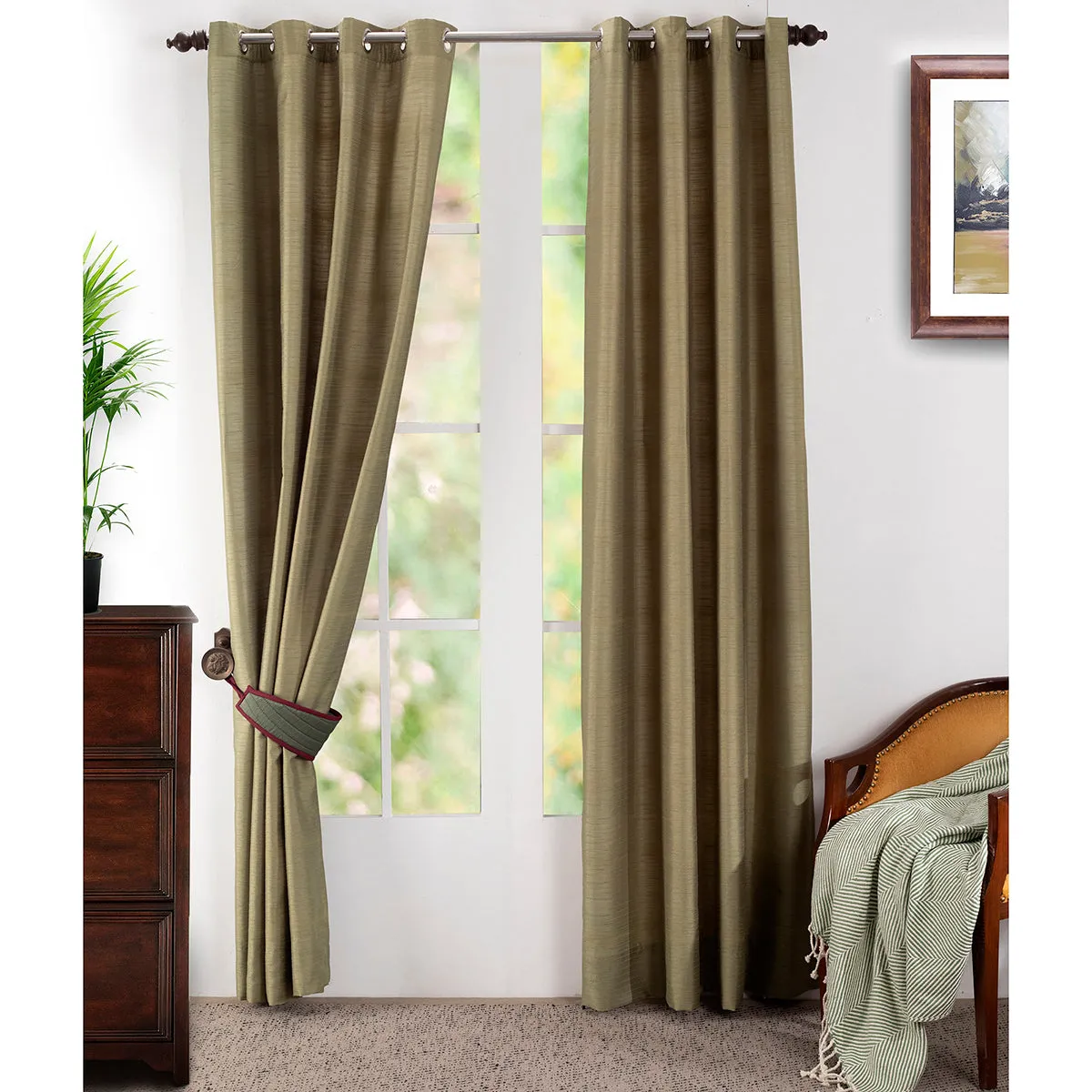 Graduated Stripe Solid 2PC Green Curtain Set