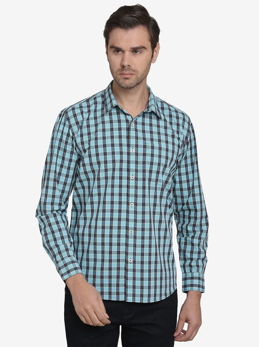 Green & Blue Checked Regular Fit Casual Shirt  | Greenfibre