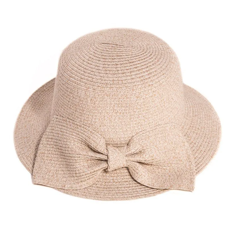 Hazy Blue Womens Summer Straw Hat with Large Bow Elasticated