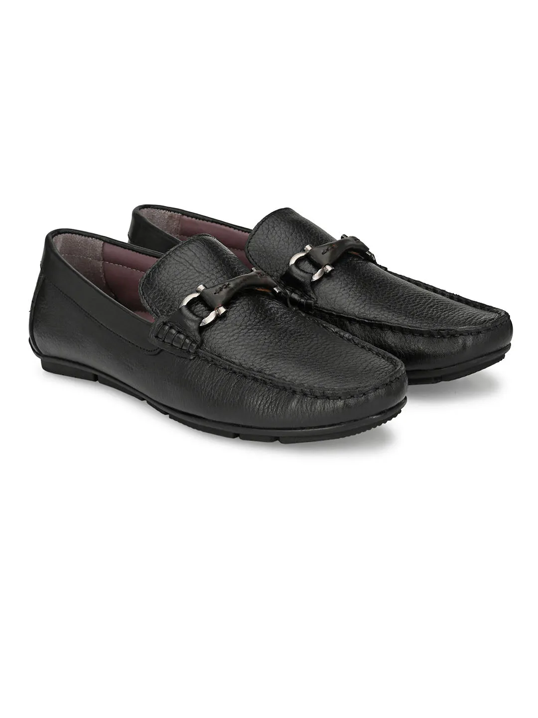 Hitz Men's Black Leather Slip-On Casual Loafer Shoes