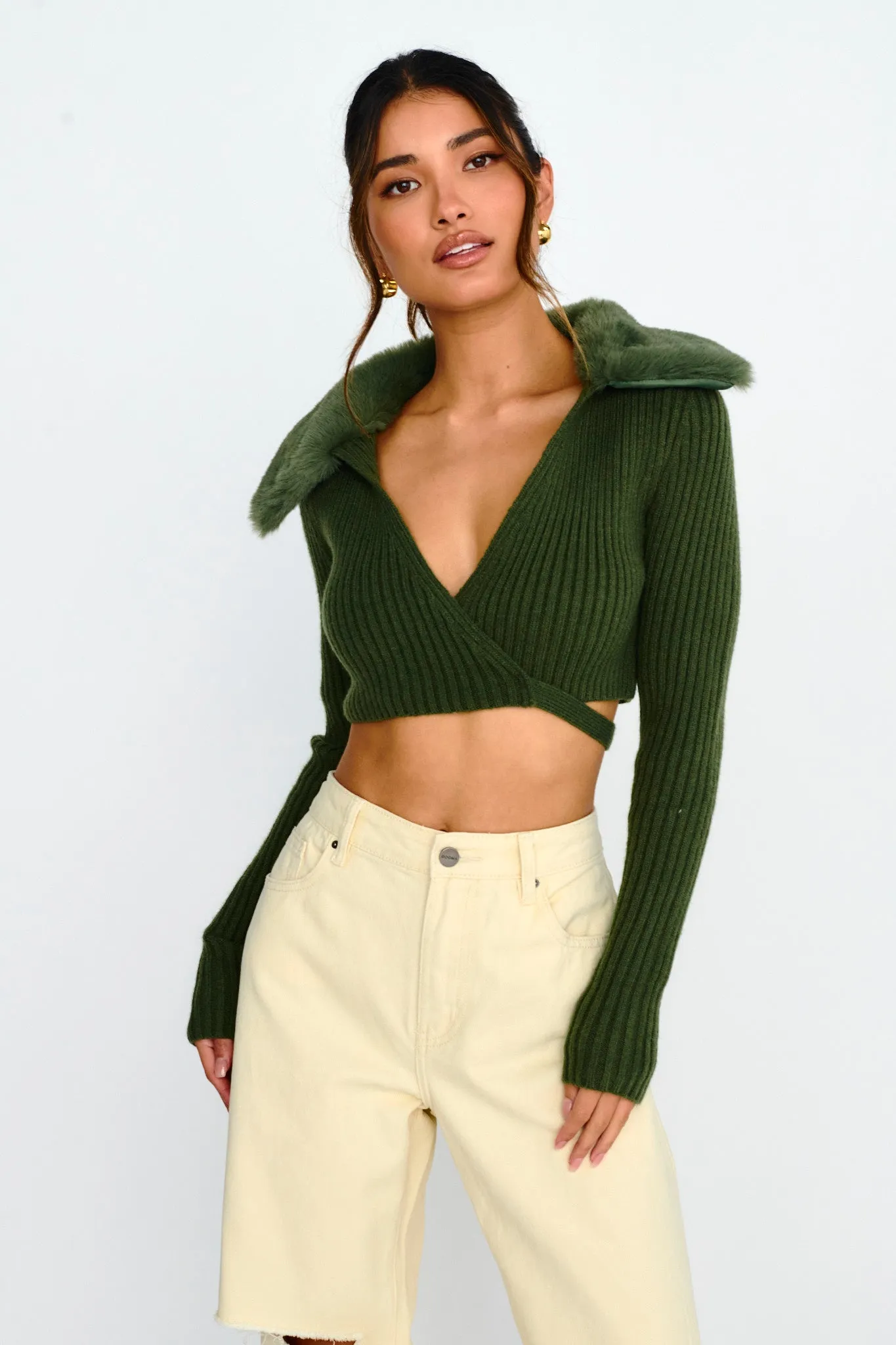 Hollyoak Fur Collar Knit Crop Top Dark Olive