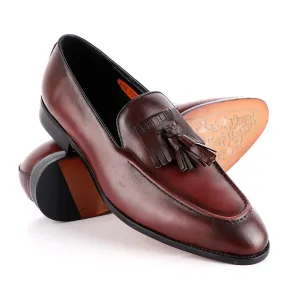 John Foster Wine Leather Slip on Mocassin with Tassels