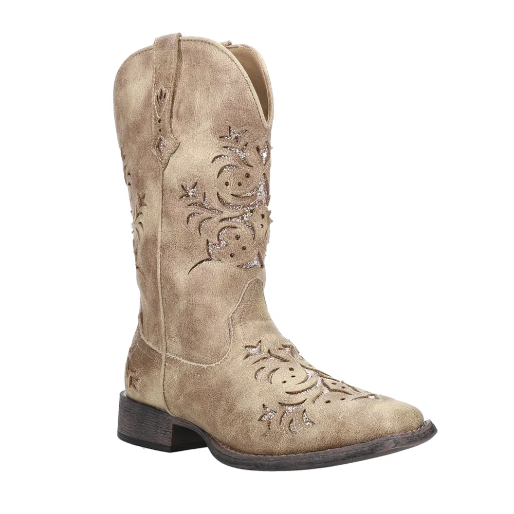 Kennedy Glitter Tooled Inlay Square Toe Cowboy Boots