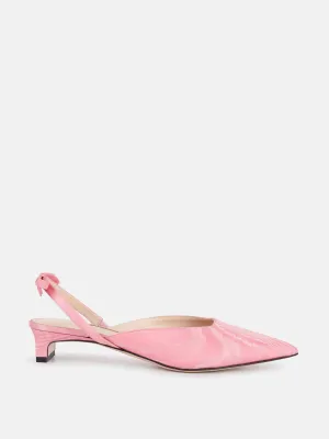 Konna bow-back kitten heels in pink moire mikado