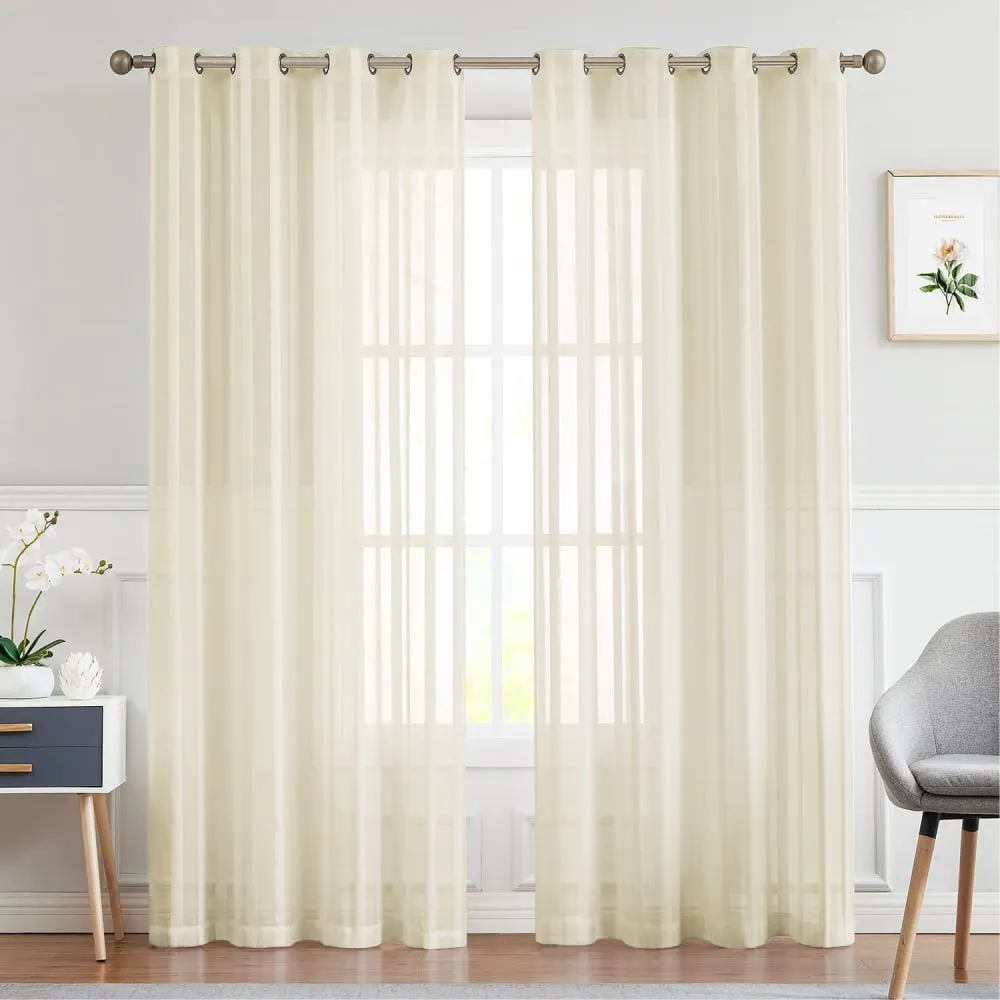 Linen textured  Sheer Curtain for Living Room , Curtain for Bedroom, Readymade Curtain, Pack of 2 Curtains - Butter Cream Stripe