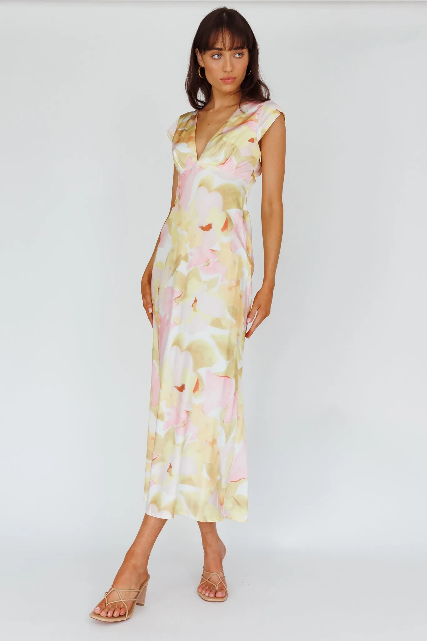 Lucinda Cap Sleeve Twist Back Midi Dress Flower Pink