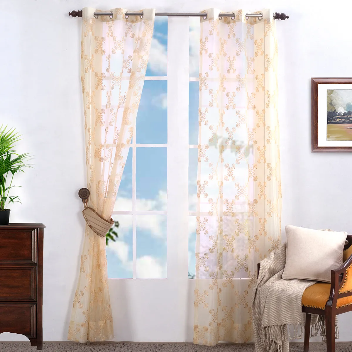 Mambo Magic Embroidered 2PC Beige Curtain Set