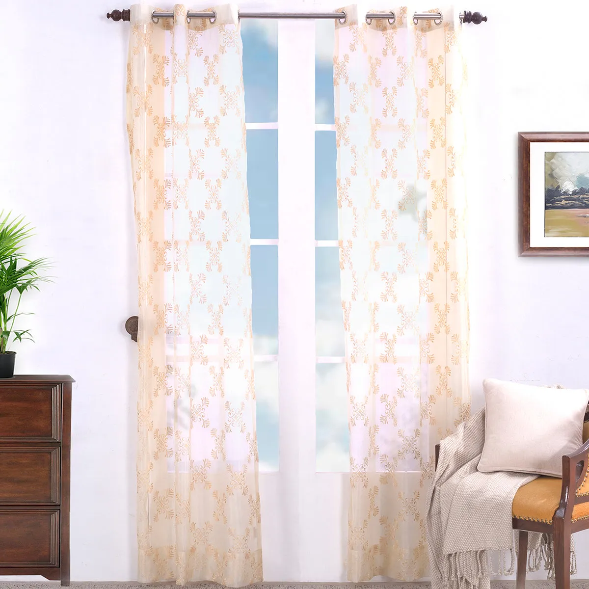 Mambo Magic Embroidered 2PC Beige Curtain Set