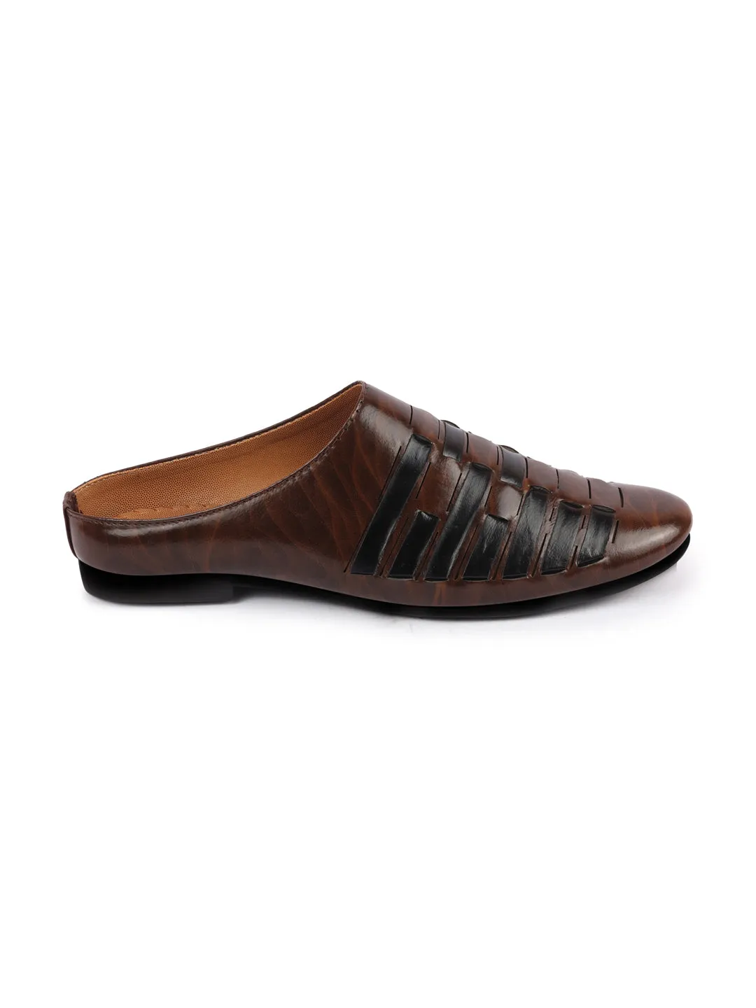 Men Brown Back Open Knitted Ethnic Mules Wedding Shoes