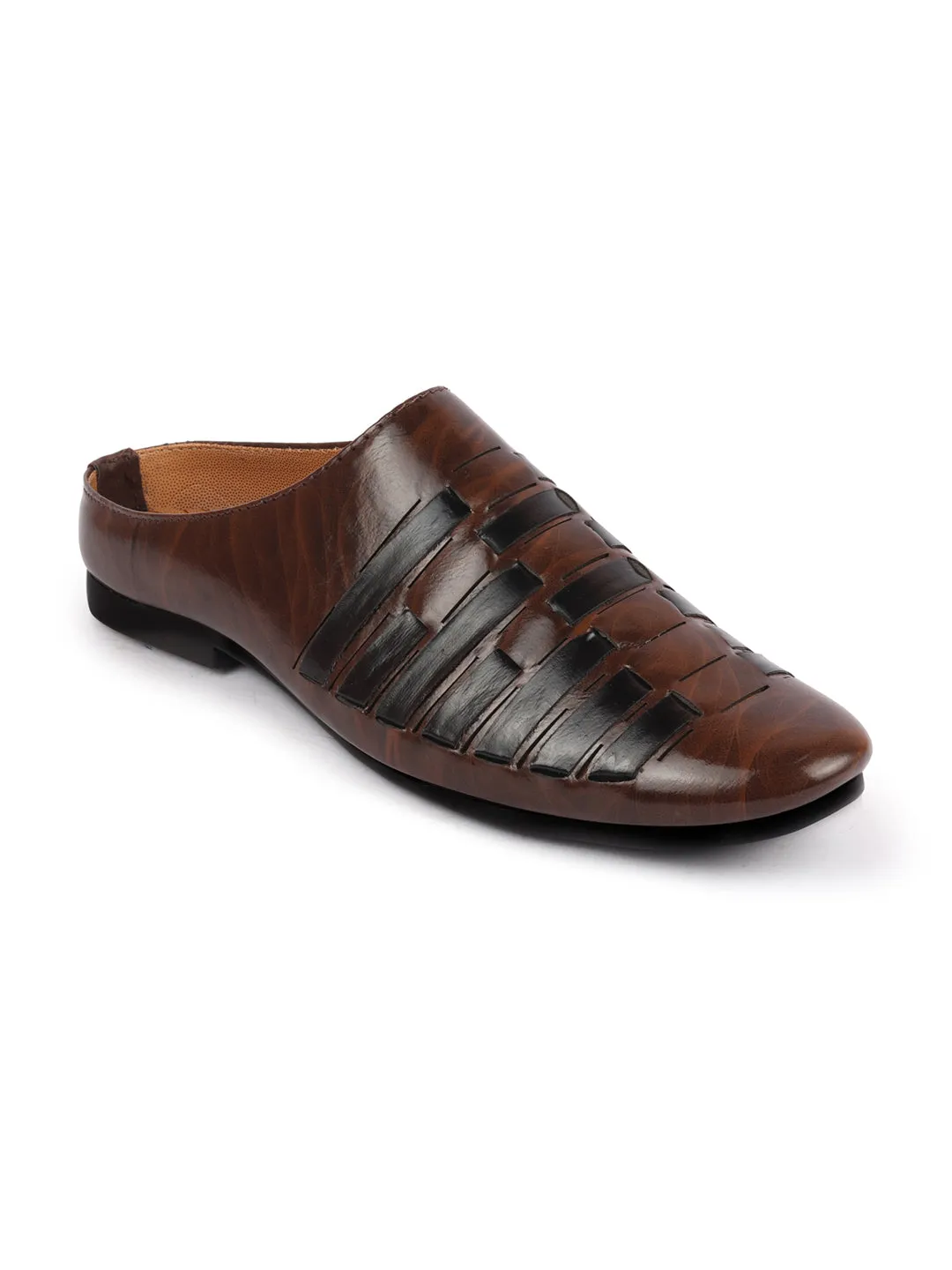 Men Brown Back Open Knitted Ethnic Mules Wedding Shoes