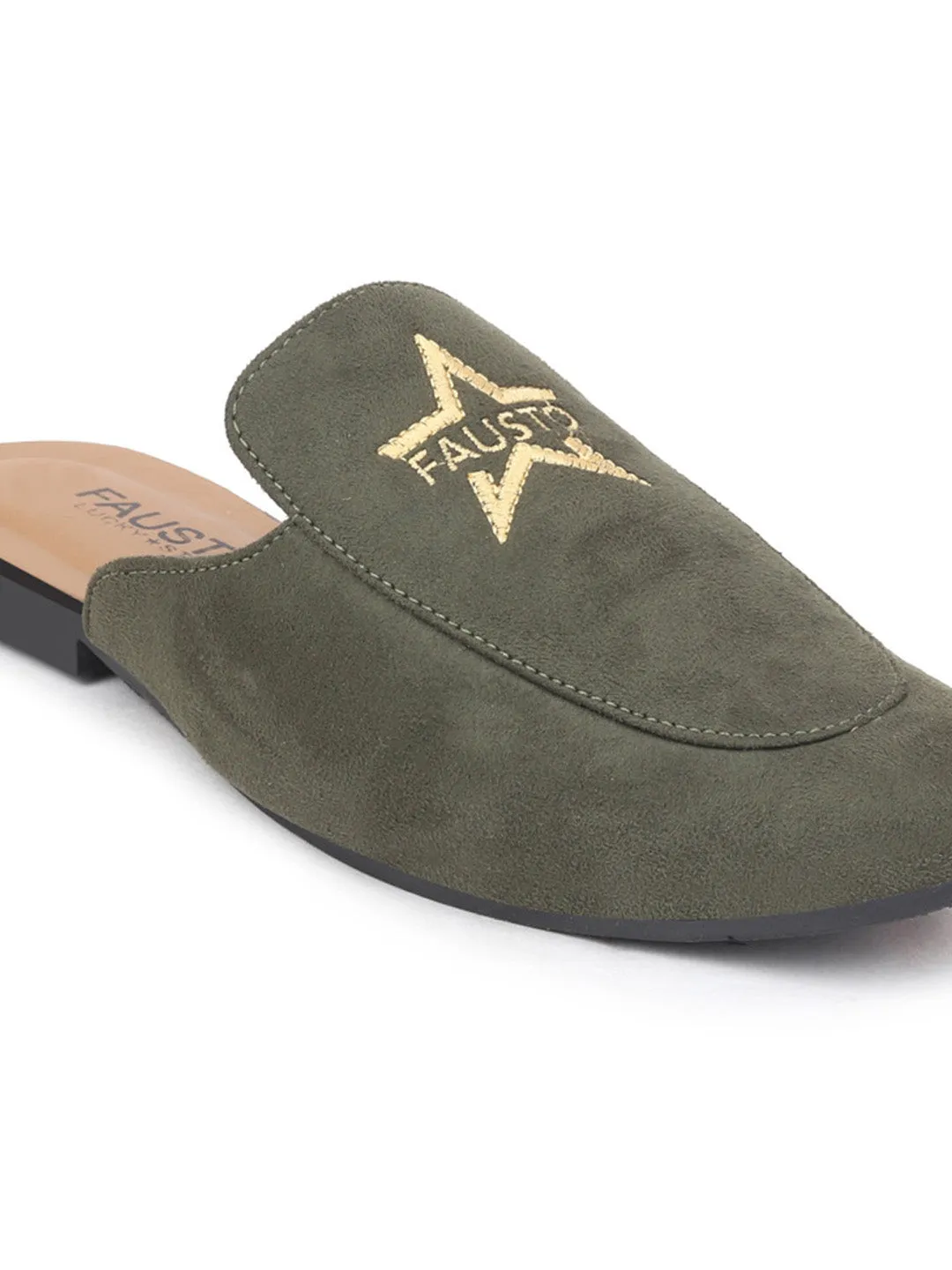 Men Olive Embroidery Print Velvet Back Open Flat Mules