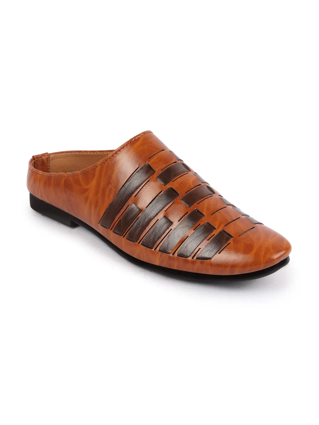 Men Tan Back Open Knitted Ethnic Mules Wedding Shoes