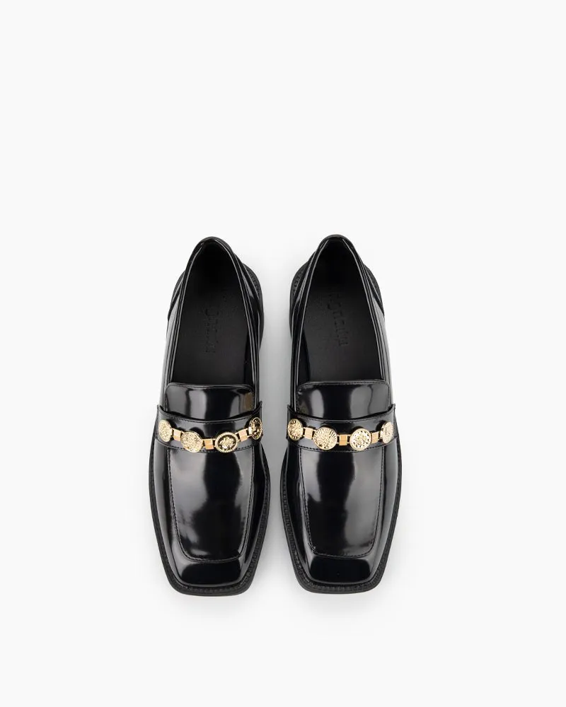 Metal Chain Leather Slip on Penny Mid Heel Loafers