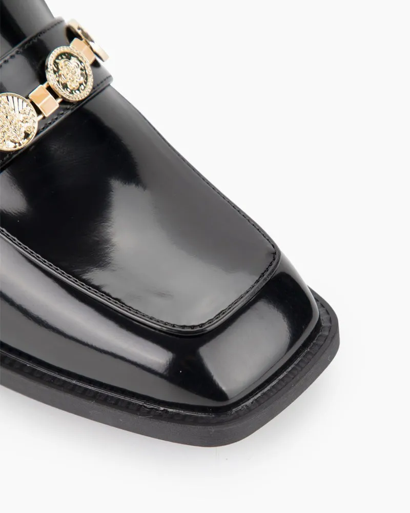 Metal Chain Leather Slip on Penny Mid Heel Loafers