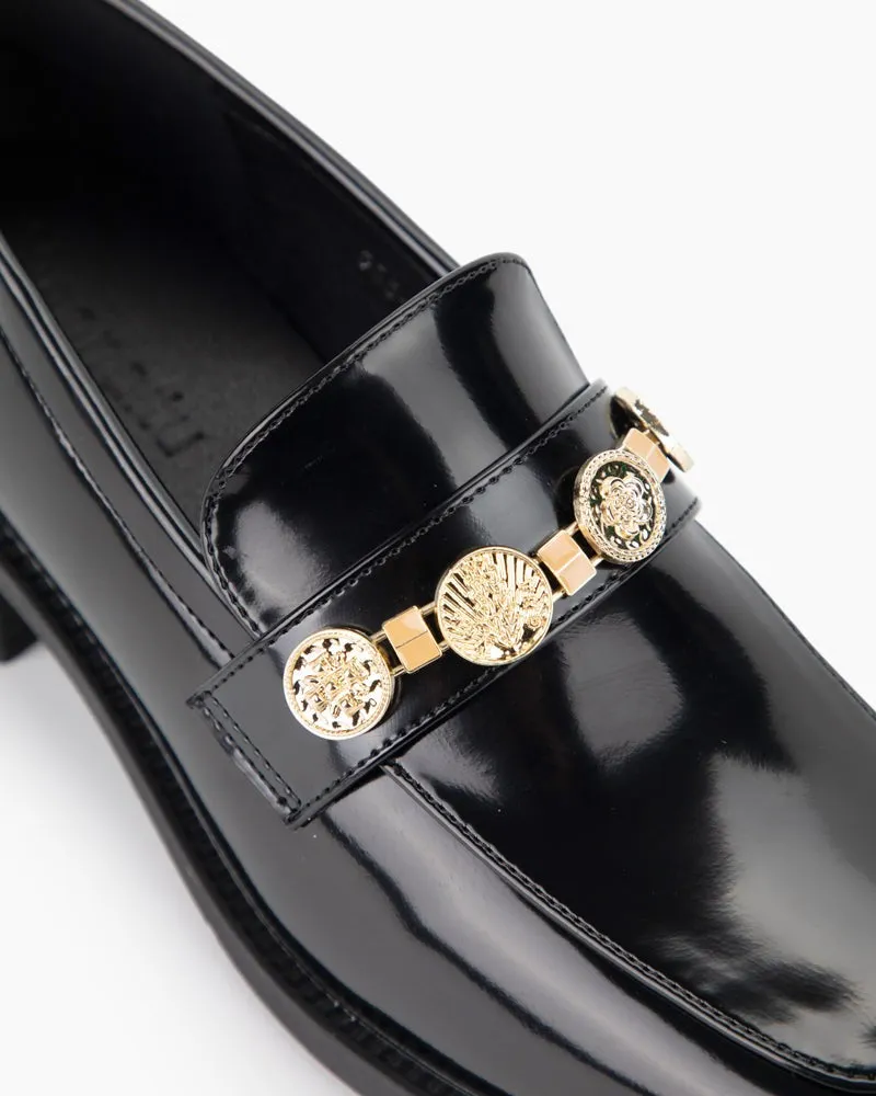 Metal Chain Leather Slip on Penny Mid Heel Loafers