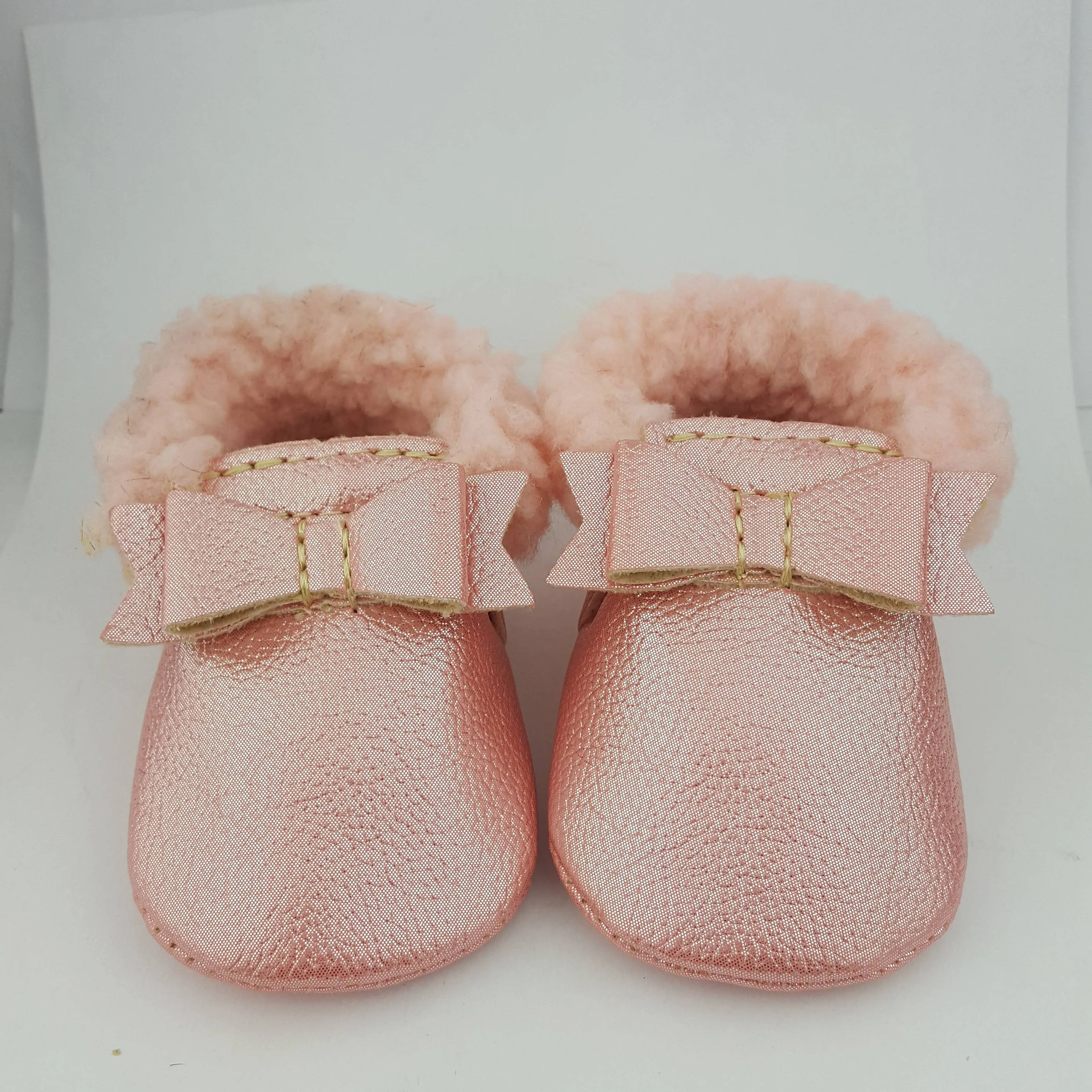 Metallic Bow Tie Pink Baby Moccasins