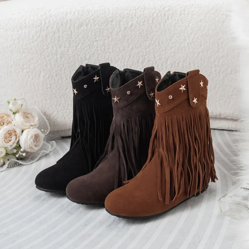 Mid Calf Boots for Women Western Fringe Cowboy Boots