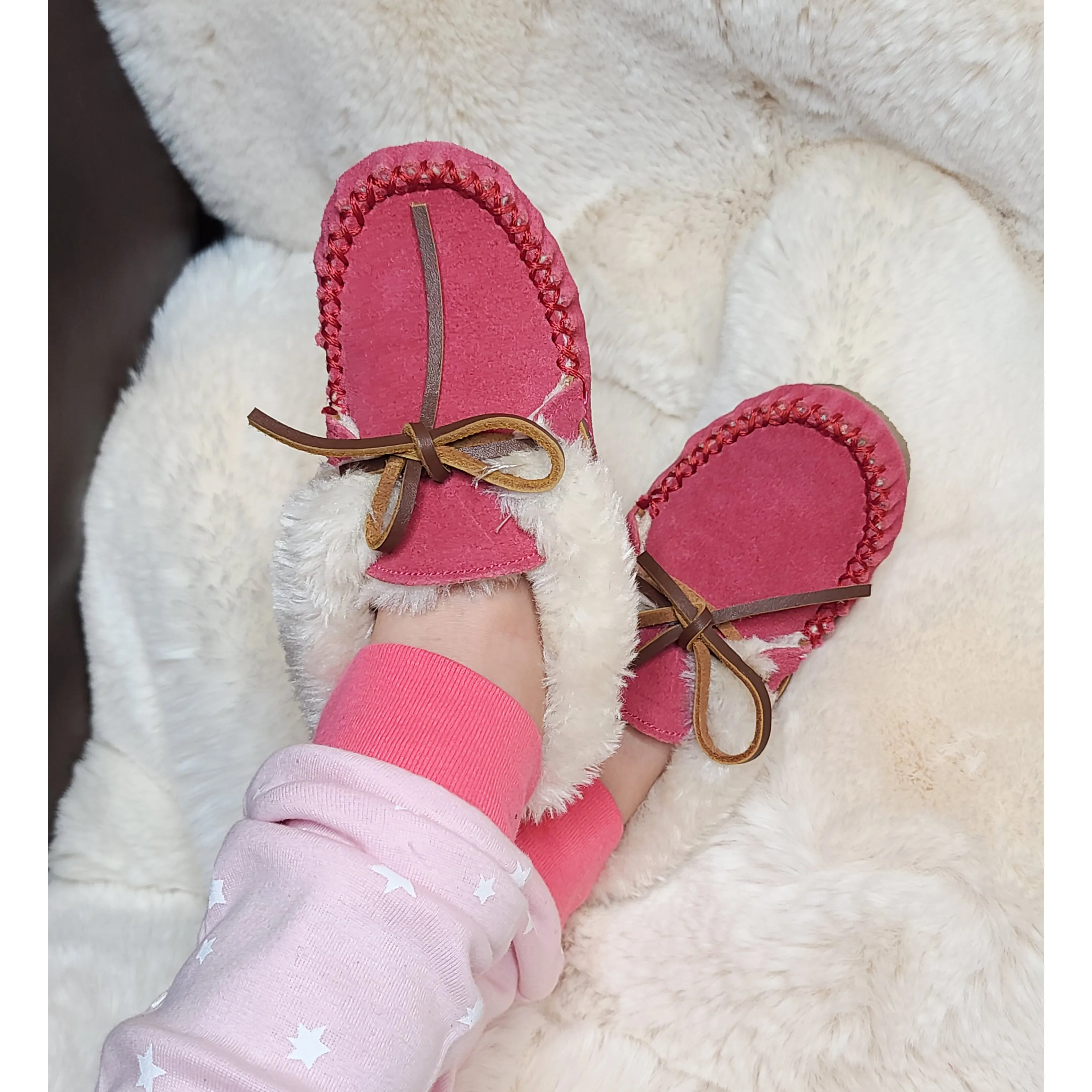 Minnetonka Pink Suede "Charley" Children's Slippers