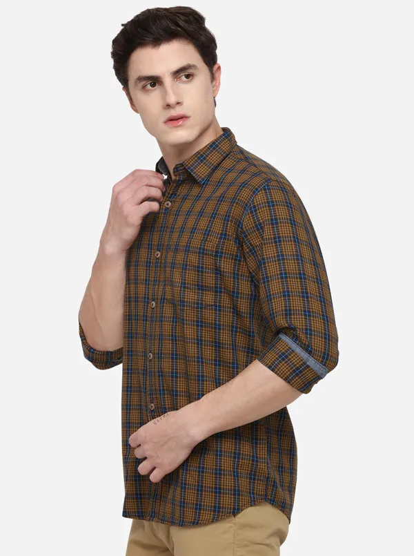 Mustard Yellow Regular Fit Checked Casual Shirt | Greenfibre