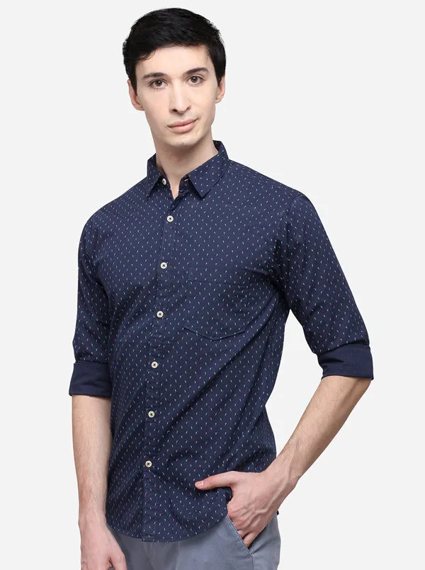 Navy Blue Slim Fit Printed Casual Shirt | Greenfibre