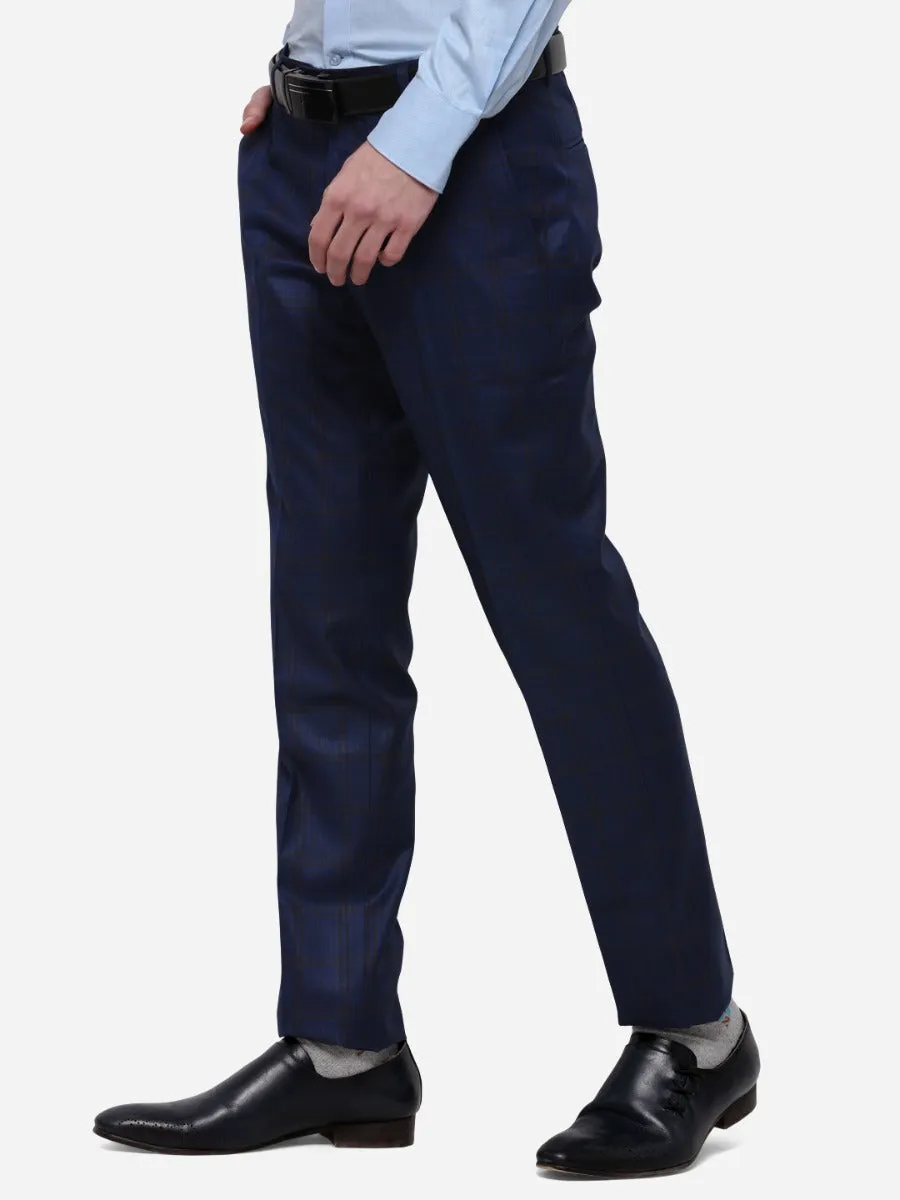 Navy Blue Super Slim Fit Checked Formal Trouser | JB Studio