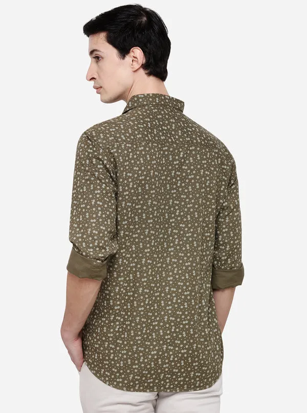 Olive Tailored Fit Printed Casual Shirt | JadeBlue