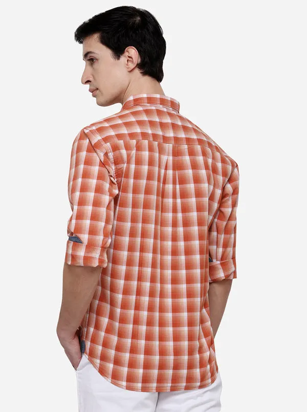 Orange Regular Fit Checked Casual Shirt | Greenfibre