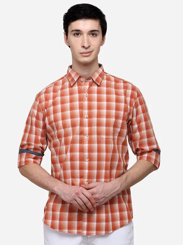 Orange Regular Fit Checked Casual Shirt | Greenfibre