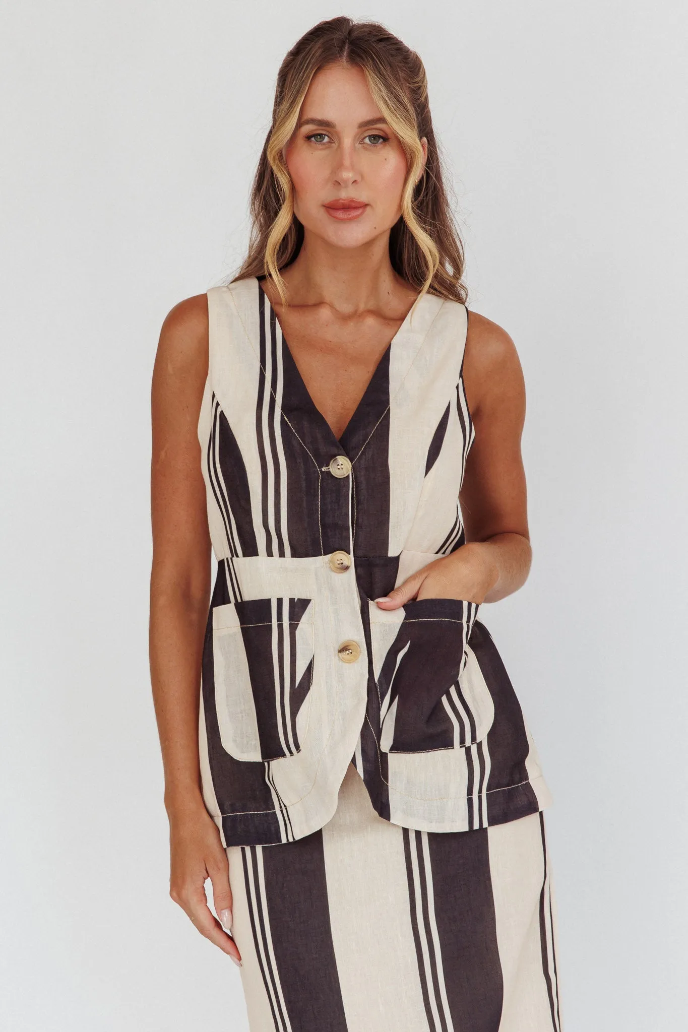 Philomena Button Pocket Vest Top Stripe Black